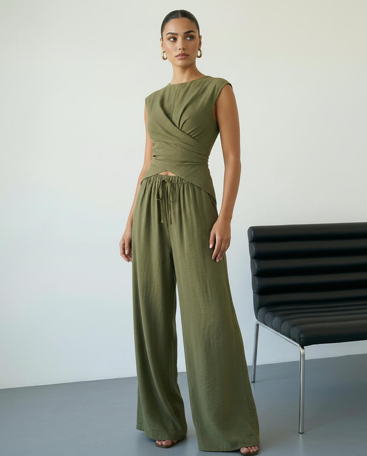 SOLACEArmy Green Sleeveless Wrap Top Wide Leg Pants Set