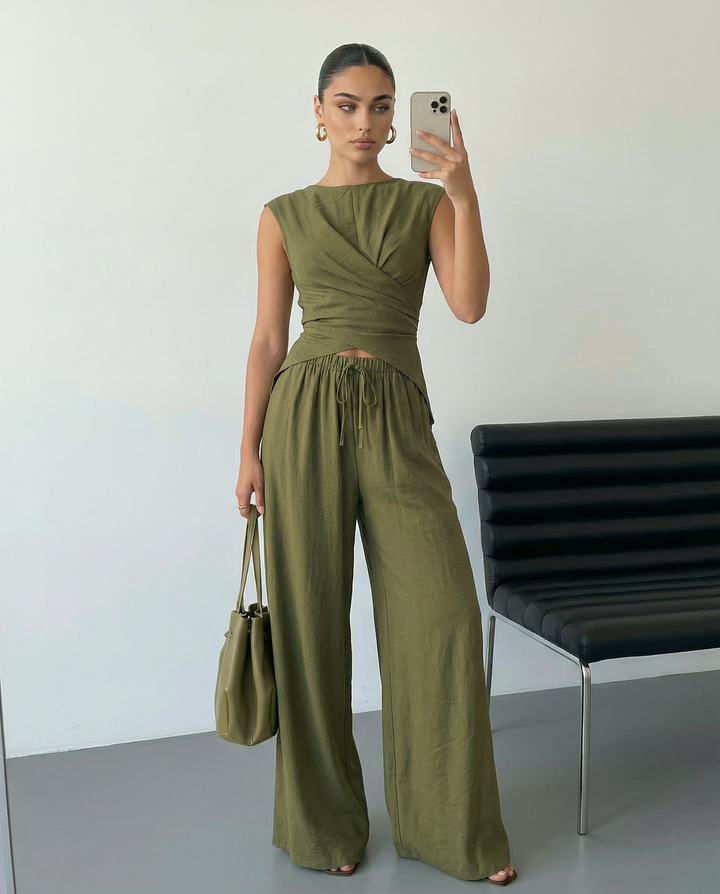 SOLACEArmy Green Sleeveless Wrap Top Wide Leg Pants Set