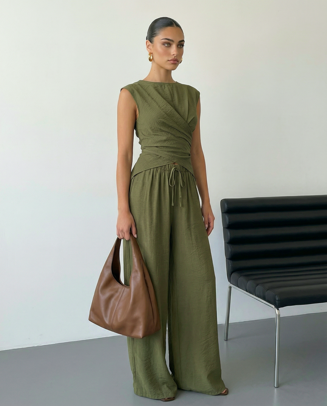 SOLACEArmy Green Sleeveless Wrap Top Wide Leg Pants Set