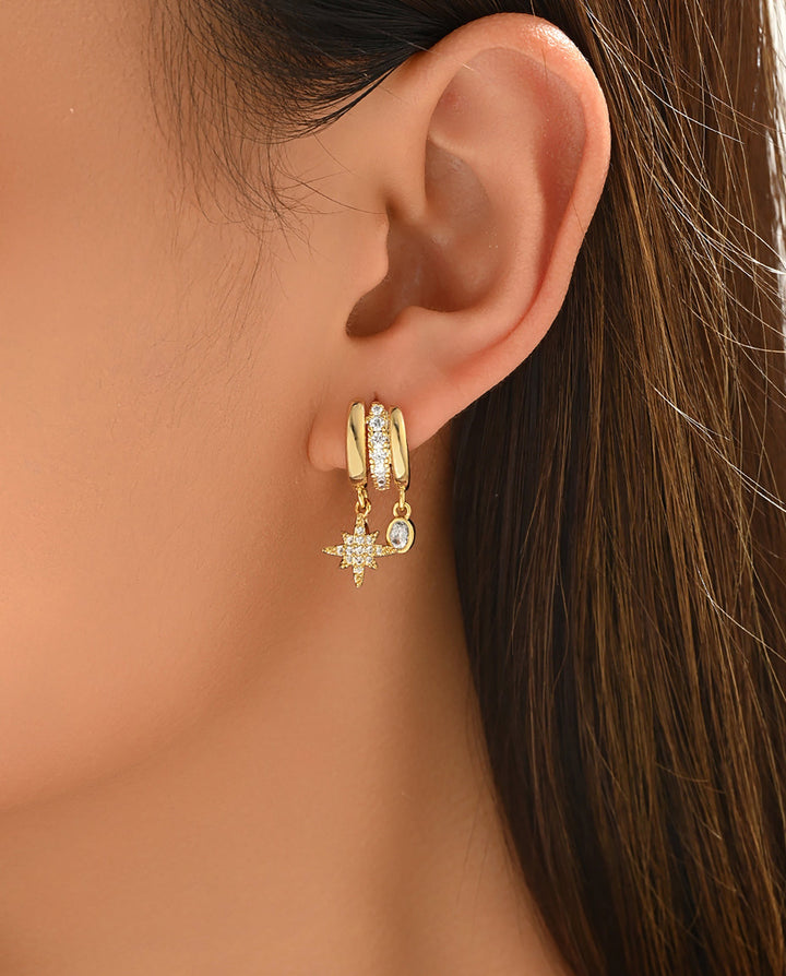 SOLACEAsymmetrical North Star &amp; Oval CZ Drop Double Hoop Earrings