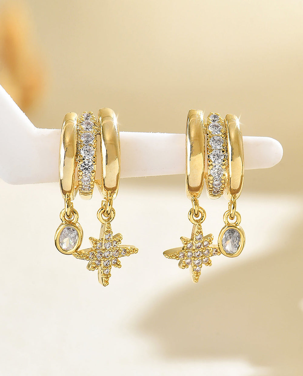 SOLACEAsymmetrical North Star & Oval CZ Drop Double Hoop Earrings