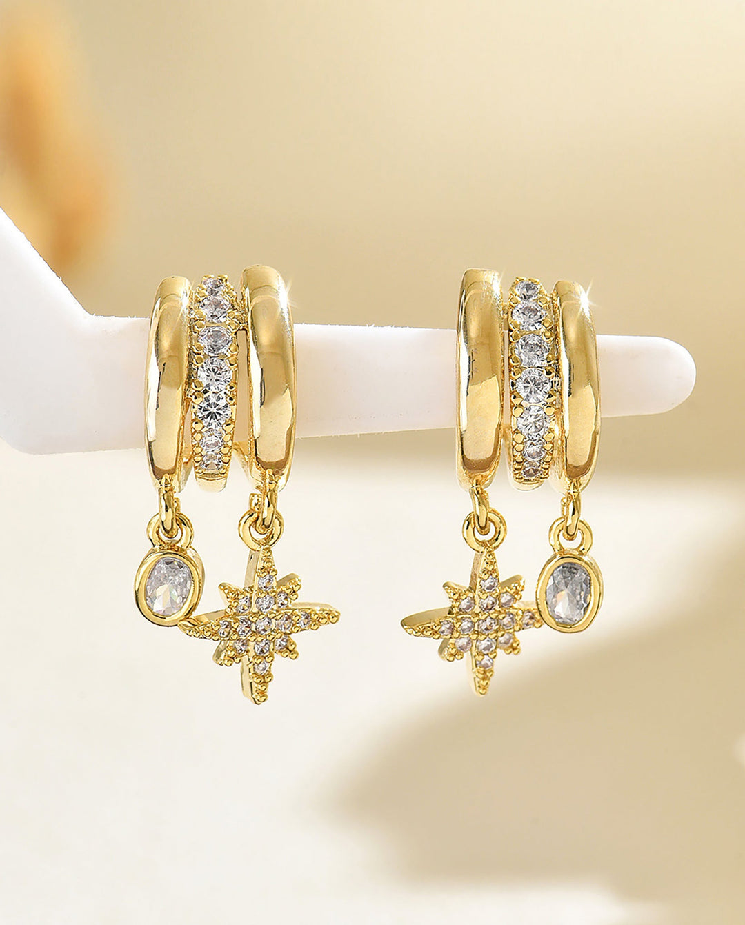 SOLACEAsymmetrical North Star &amp; Oval CZ Drop Double Hoop Earrings