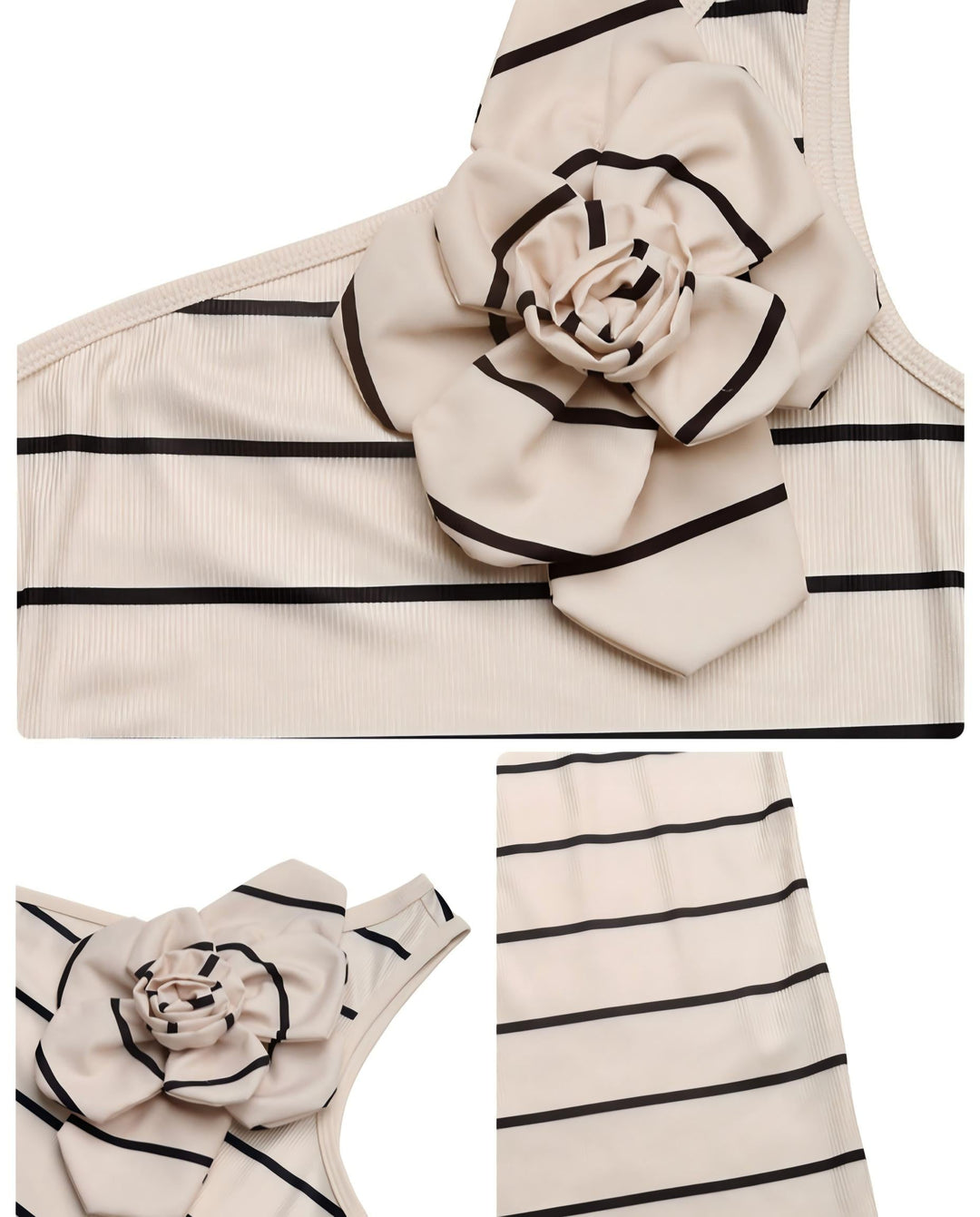 SOLACEBeige Black Striped One Shoulder Floral Bodycon Midi Dress