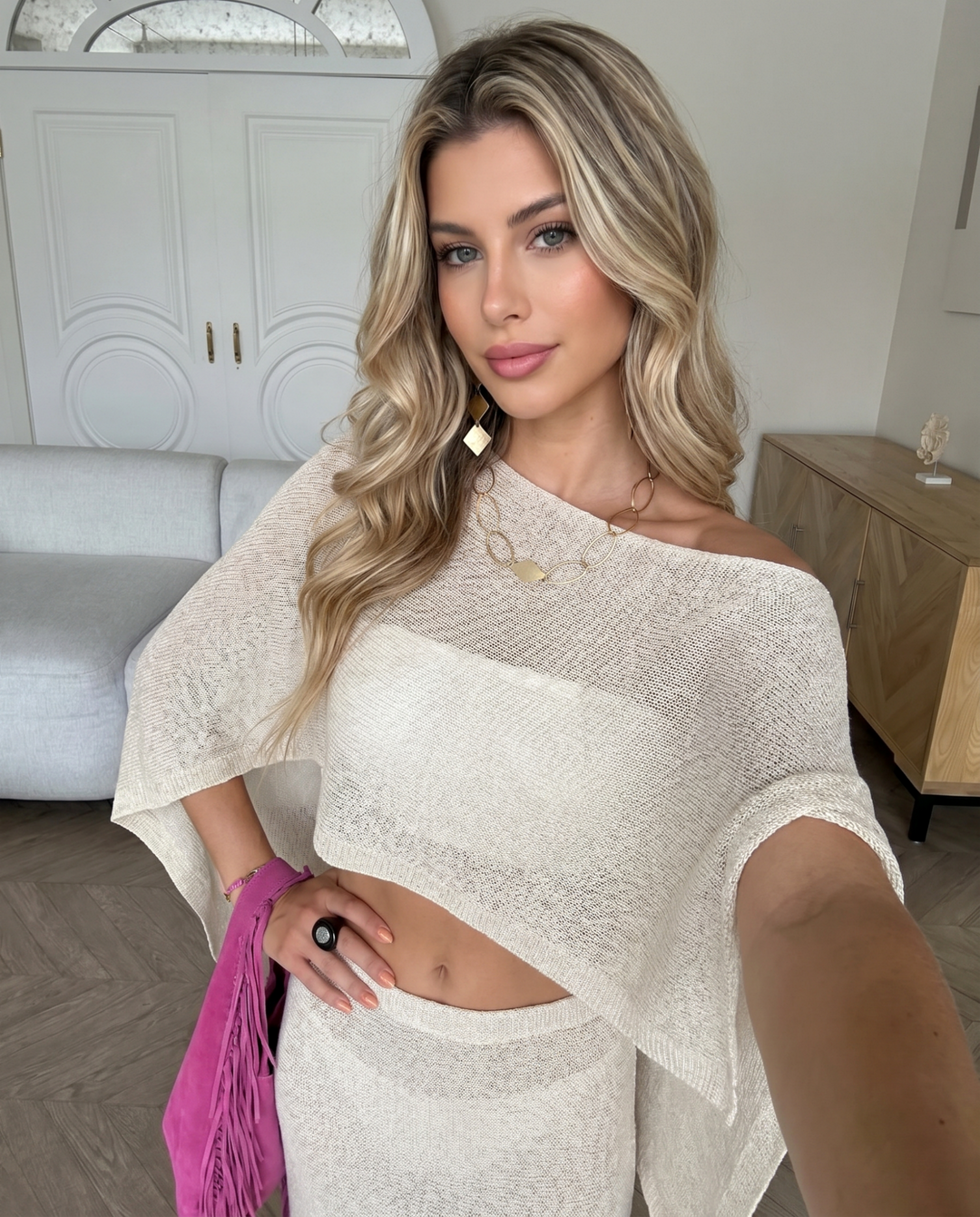SOLACEBeige Boat Neck Sheer Knit Cropped Poncho Cover Up