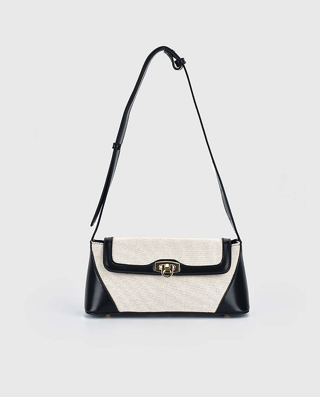 SOLACEBeige Canvas Black Faux Leather Color Block Twist Lock Rectangular Shoulder Underarm Bag