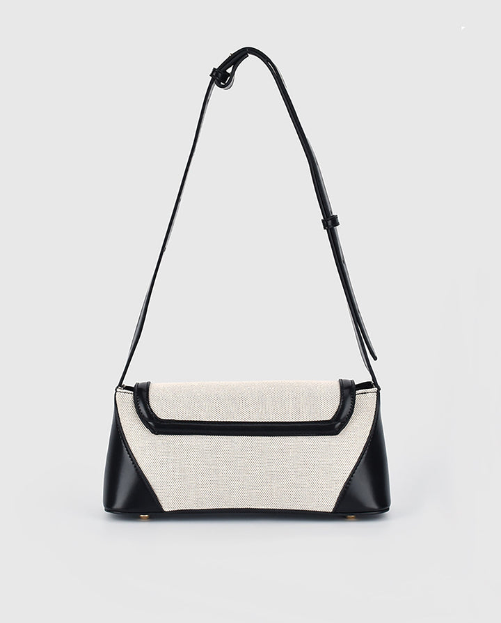 SOLACEBeige Canvas Black Faux Leather Color Block Twist Lock Rectangular Shoulder Underarm Bag