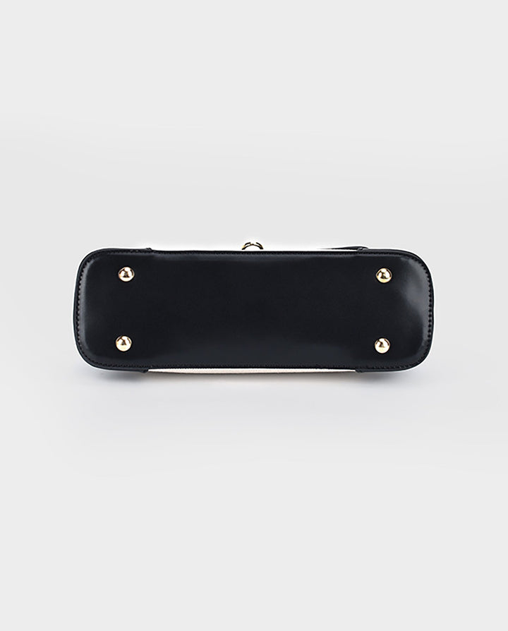 SOLACEBeige Canvas Black Faux Leather Color Block Twist Lock Rectangular Shoulder Underarm Bag