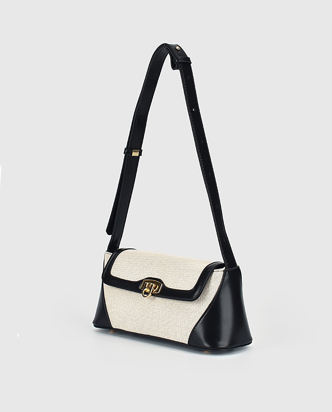 SOLACEBeige Canvas Black Faux Leather Color Block Twist Lock Rectangular Shoulder Underarm Bag