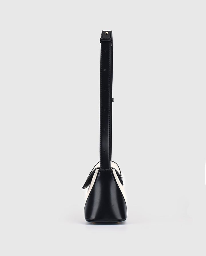 SOLACEBeige Canvas Black Faux Leather Color Block Twist Lock Rectangular Shoulder Underarm Bag