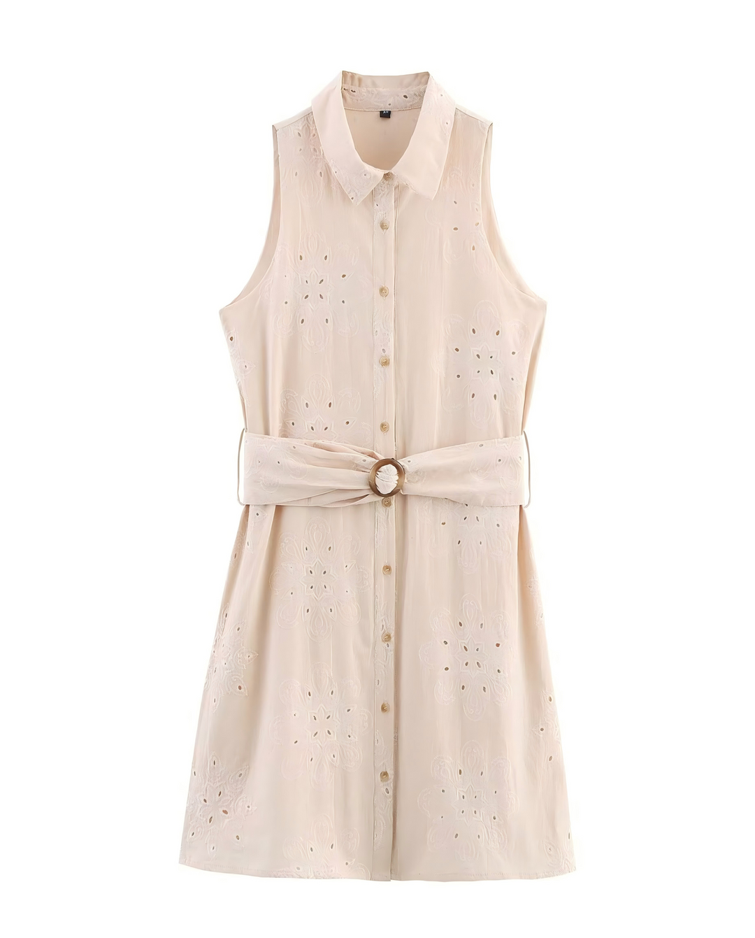 SOLACEBeige Eyelet Embroidery Sleeveless Collared Shirt Mini Dress