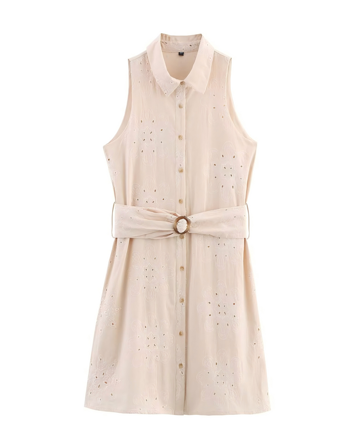 SOLACEBeige Eyelet Embroidery Sleeveless Collared Shirt Mini Dress