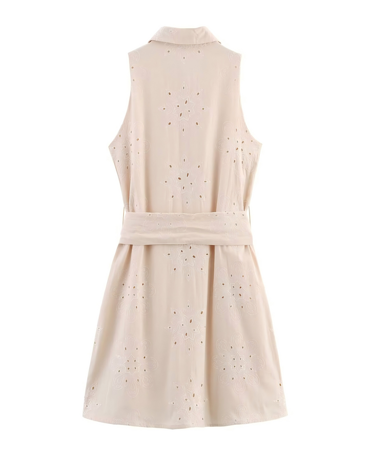 SOLACEBeige Eyelet Embroidery Sleeveless Collared Shirt Mini Dress