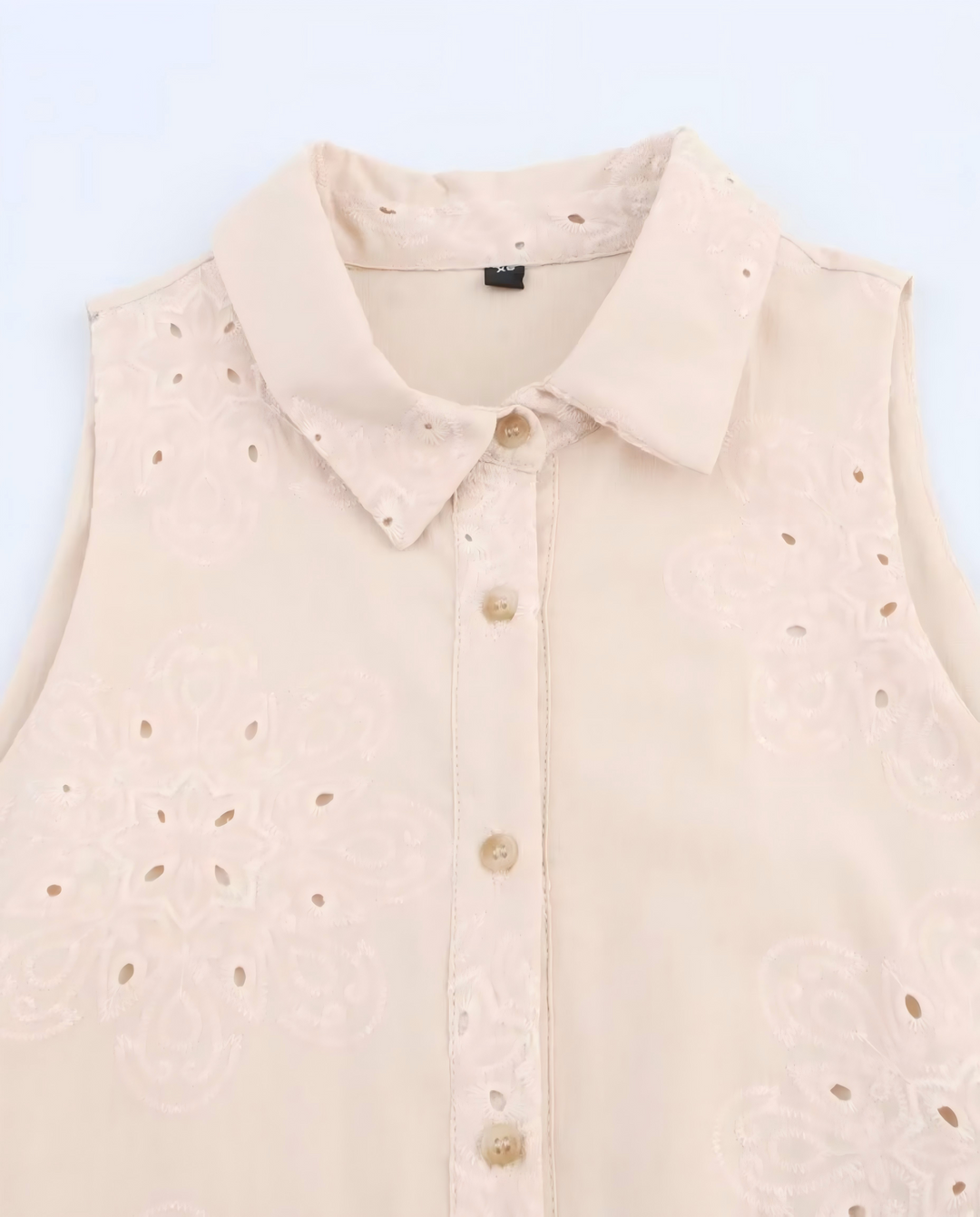 SOLACEBeige Eyelet Embroidery Sleeveless Collared Shirt Mini Dress