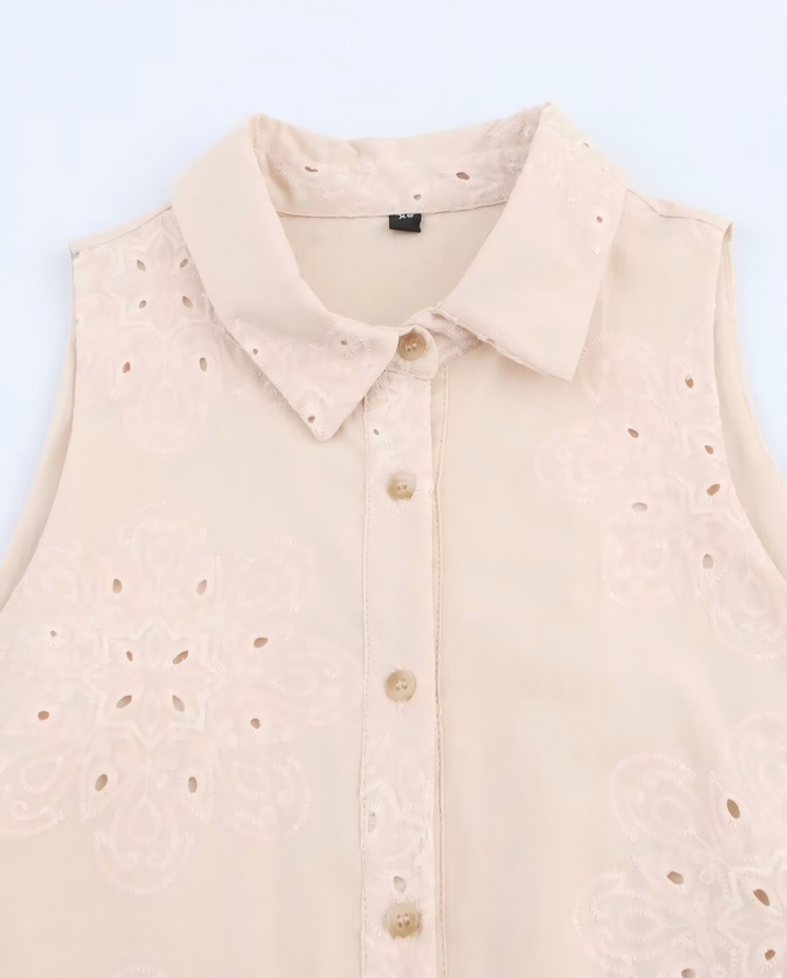 SOLACEBeige Eyelet Embroidery Sleeveless Collared Shirt Mini Dress