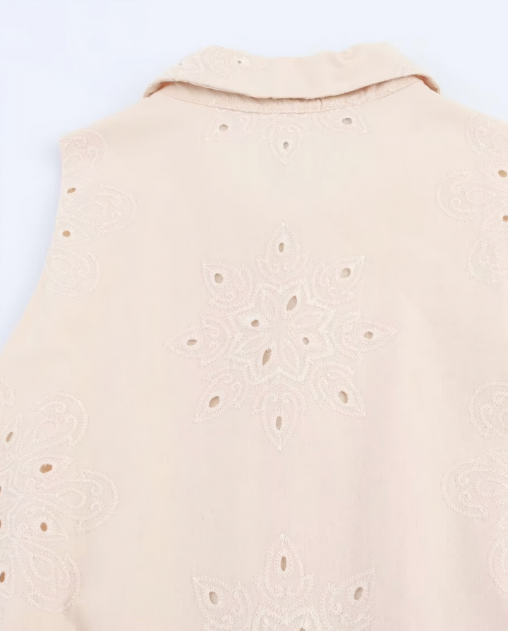 SOLACEBeige Eyelet Embroidery Sleeveless Collared Shirt Mini Dress