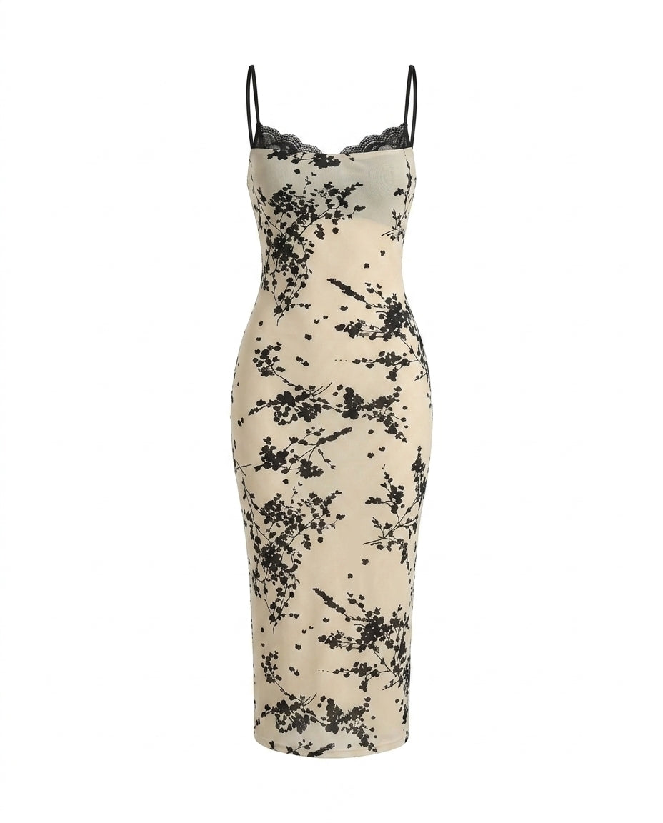 SOLACEBeige Floral Print Lace Trim Mesh Midi Dress