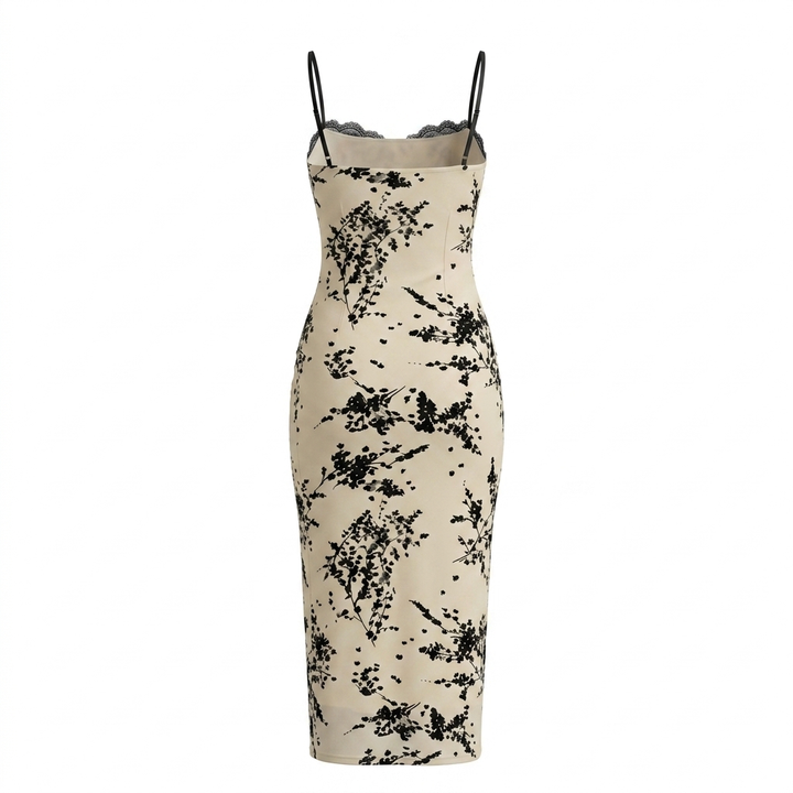 SOLACEBeige Floral Print Lace Trim Mesh Midi Dress