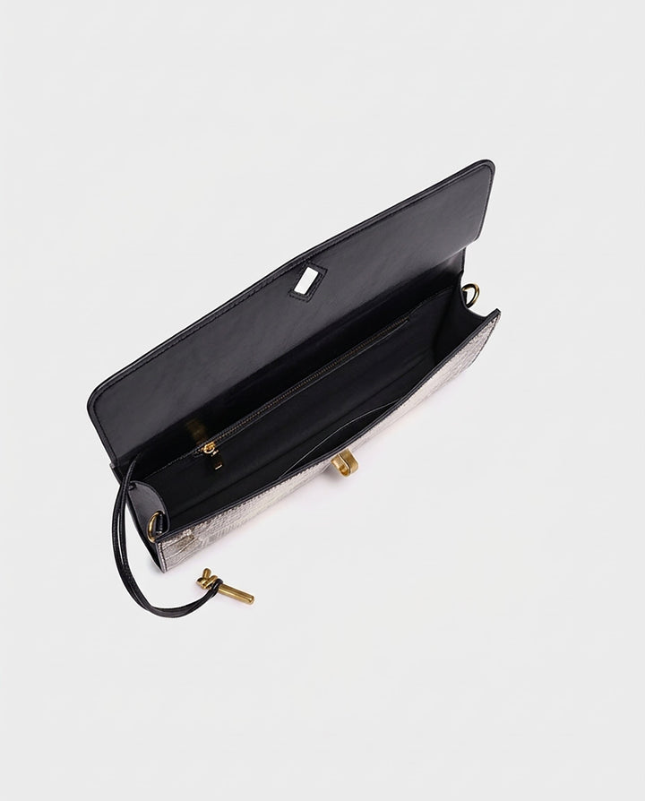 SOLACEBeige Grey Snake Print Faux Leather Twist Lock Slim Rectangular Crossbody Bar Clutch Bag