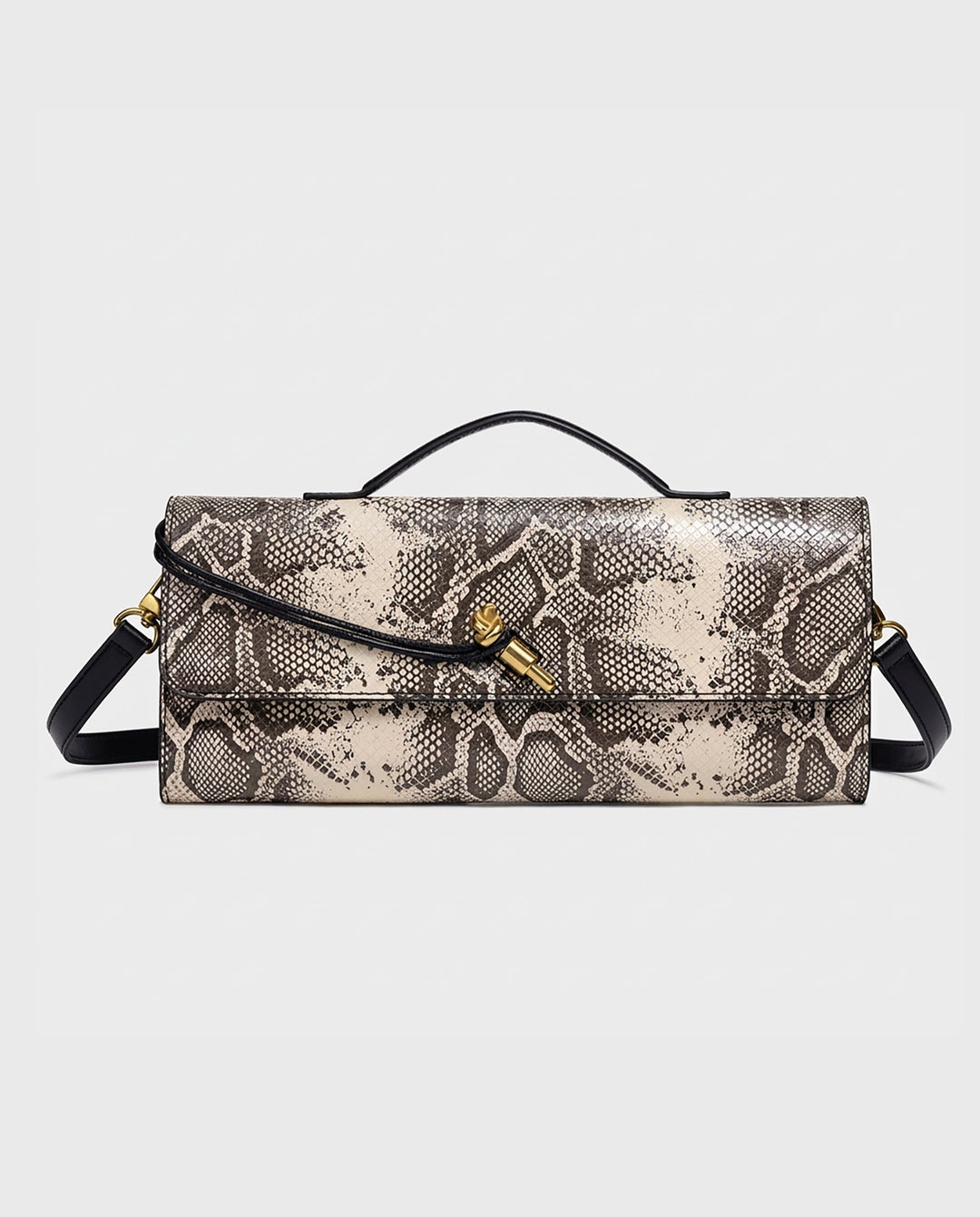 SOLACEBeige Grey Snake Print Faux Leather Twist Lock Slim Rectangular Crossbody Bar Clutch Bag