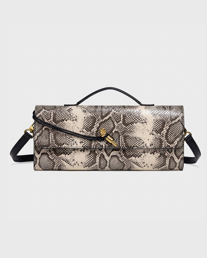 SOLACEBeige Grey Snake Print Faux Leather Twist Lock Slim Rectangular Crossbody Bar Clutch Bag