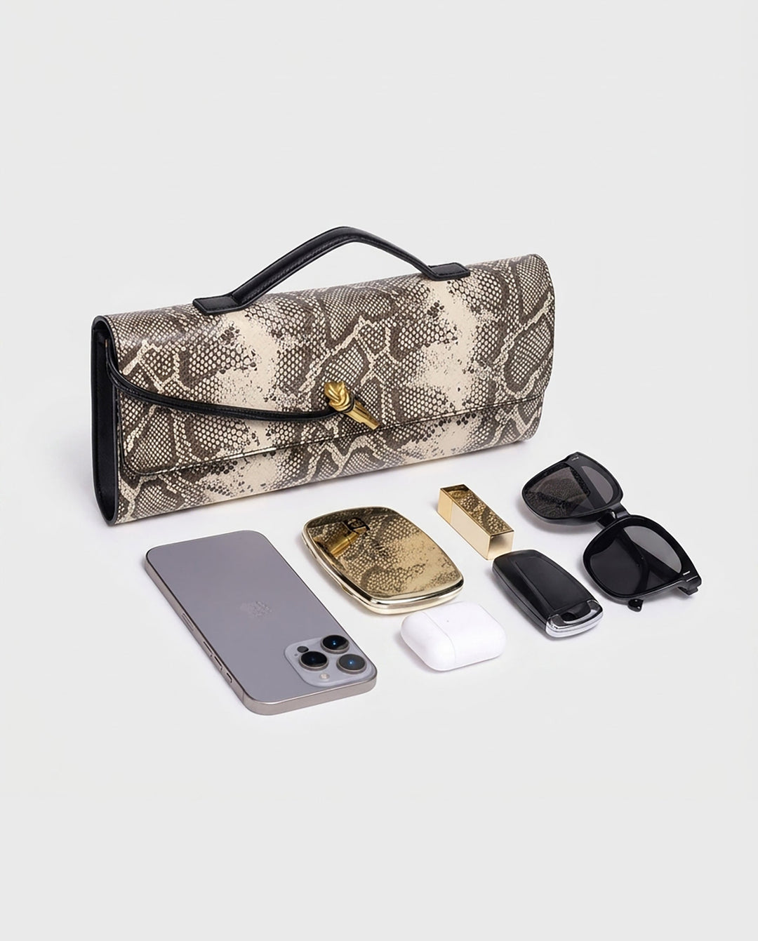SOLACEBeige Grey Snake Print Faux Leather Twist Lock Slim Rectangular Crossbody Bar Clutch Bag