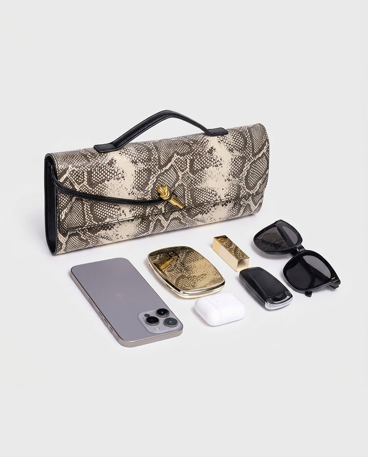 SOLACEBeige Grey Snake Print Faux Leather Twist Lock Slim Rectangular Crossbody Bar Clutch Bag