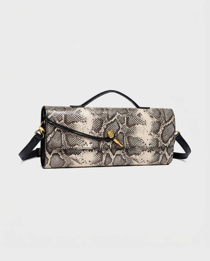 SOLACEBeige Grey Snake Print Faux Leather Twist Lock Slim Rectangular Crossbody Bar Clutch Bag