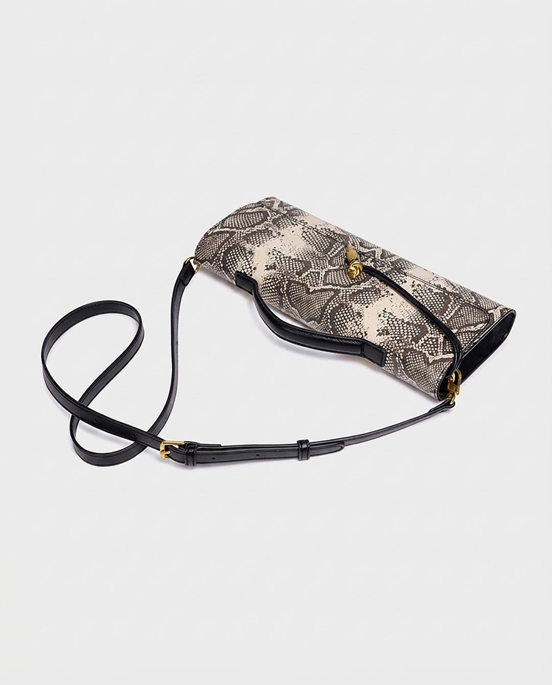 SOLACEBeige Grey Snake Print Faux Leather Twist Lock Slim Rectangular Crossbody Bar Clutch Bag