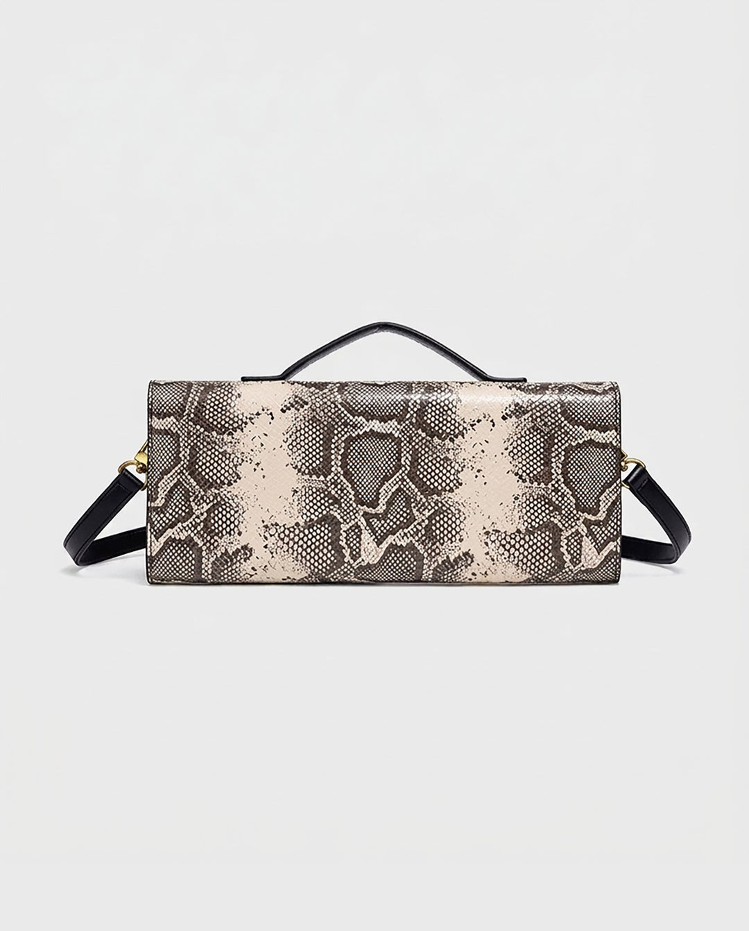 SOLACEBeige Grey Snake Print Faux Leather Twist Lock Slim Rectangular Crossbody Bar Clutch Bag