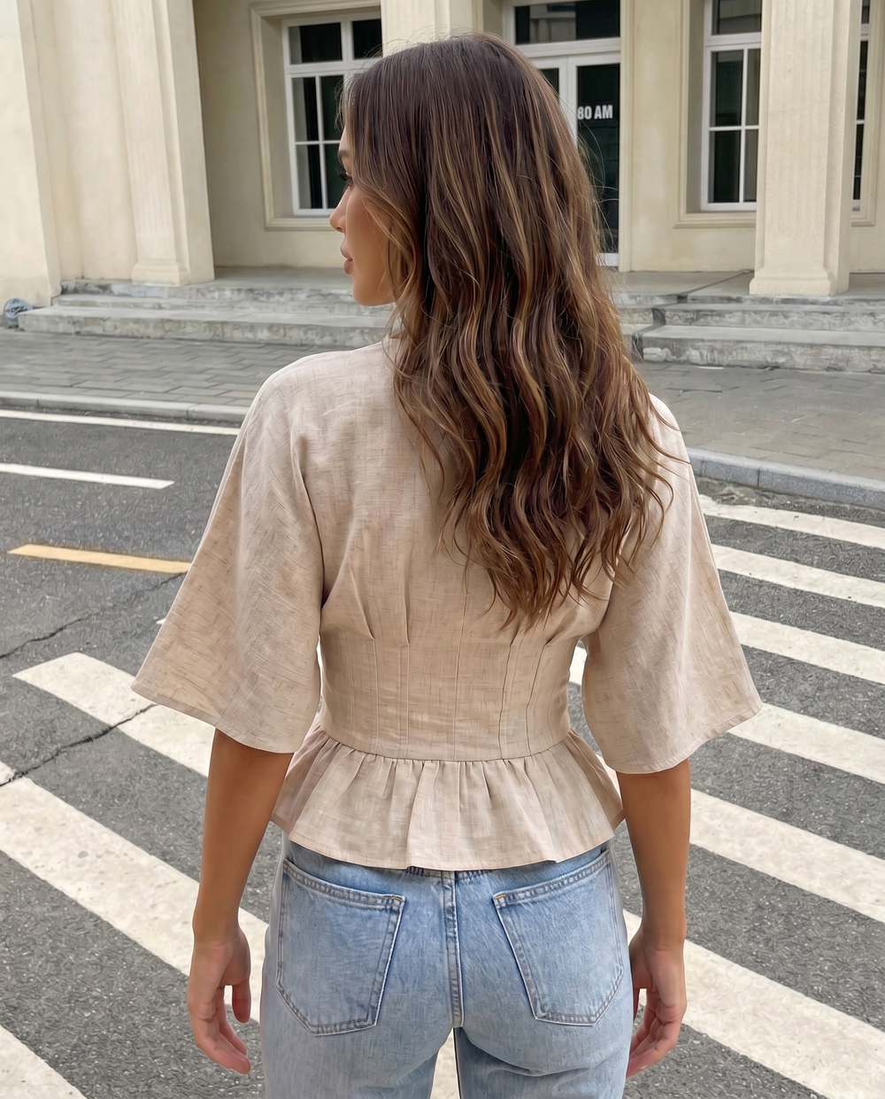 SOLACEBeige Linen Blend V-Neck Batwing Sleeve Peplum Blouse