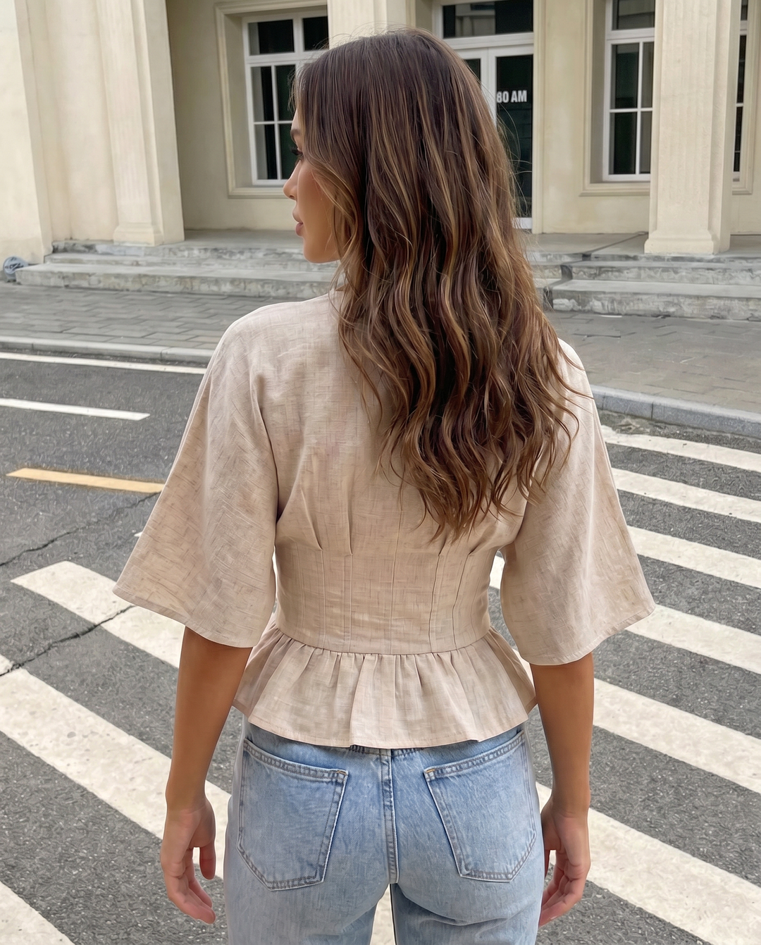 SOLACEBeige Linen Blend V-Neck Batwing Sleeve Peplum Blouse