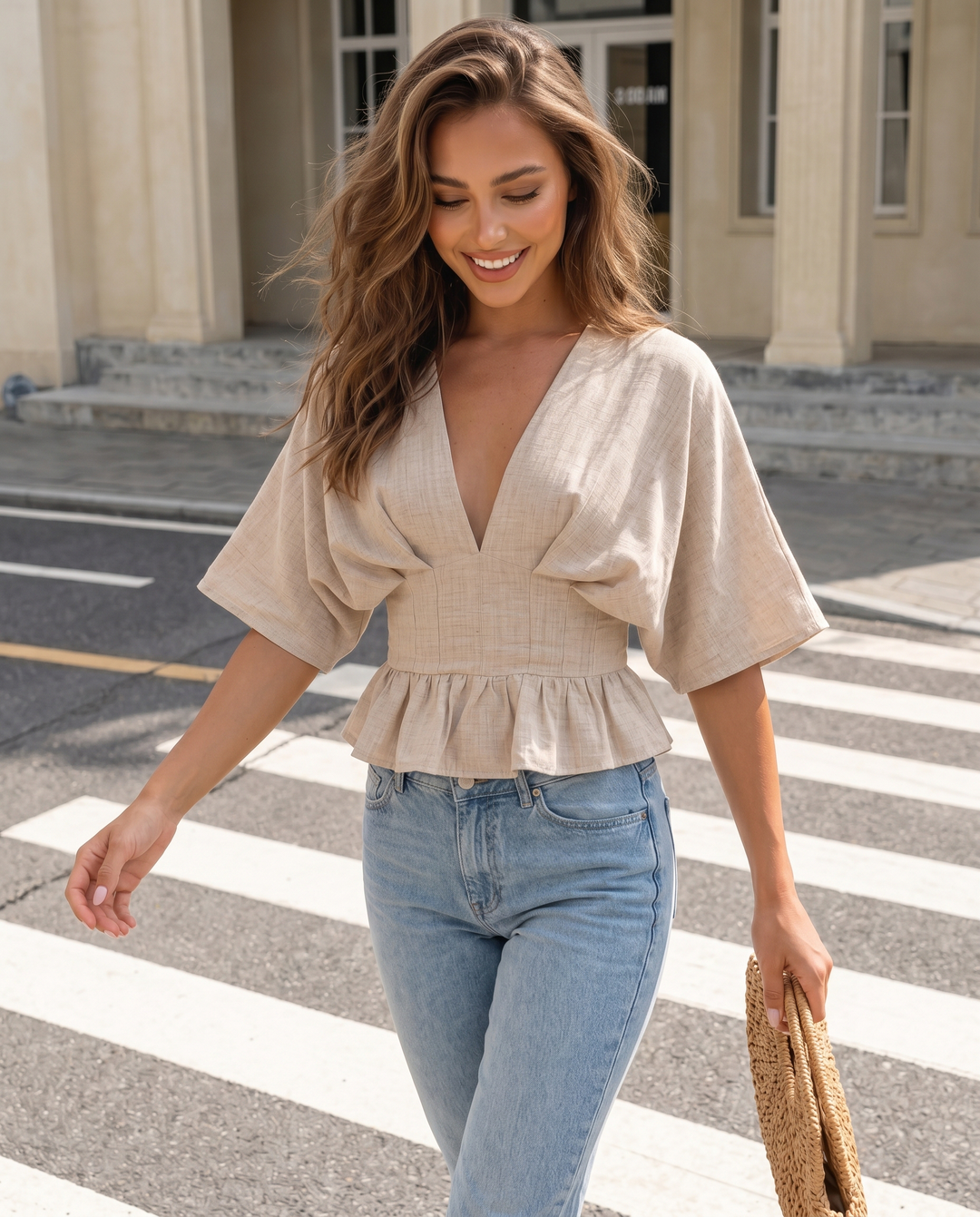 SOLACEBeige Linen Blend V-Neck Batwing Sleeve Peplum Blouse