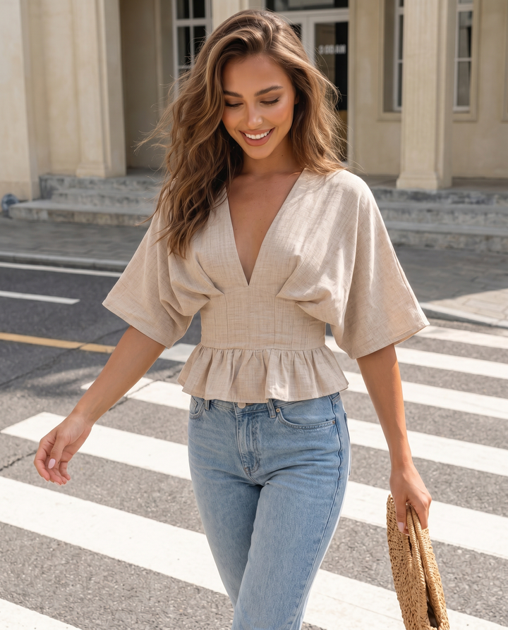 SOLACEBeige Linen Blend V-Neck Batwing Sleeve Peplum Blouse