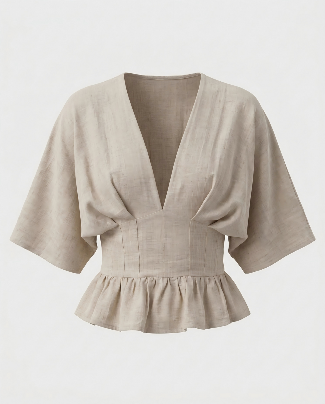 SOLACEBeige Linen Blend V-Neck Batwing Sleeve Peplum Blouse