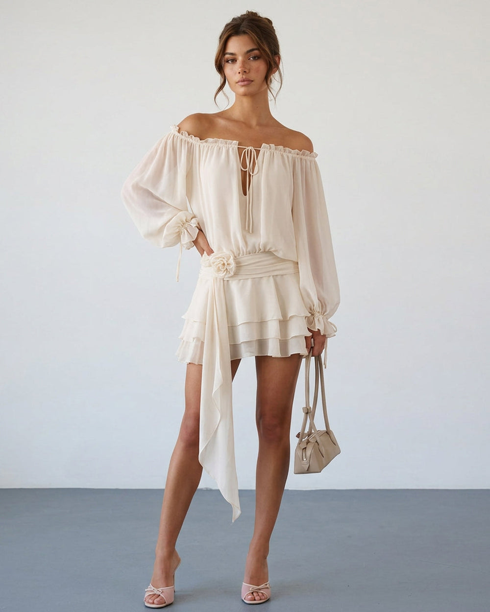 SOLACEBeige Off-Shoulder Balloon Sleeve Ruffled with Floral Sash Mini Dress