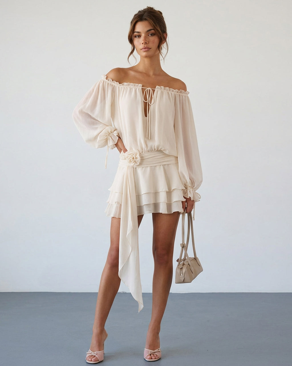 SOLACEBeige Off-Shoulder Balloon Sleeve Ruffled with Floral Sash Mini Dress