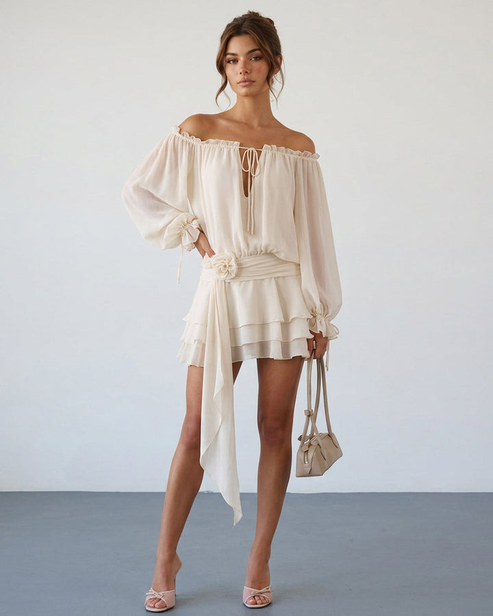 SOLACEBeige Off-Shoulder Balloon Sleeve Ruffled with Floral Sash Mini Dress