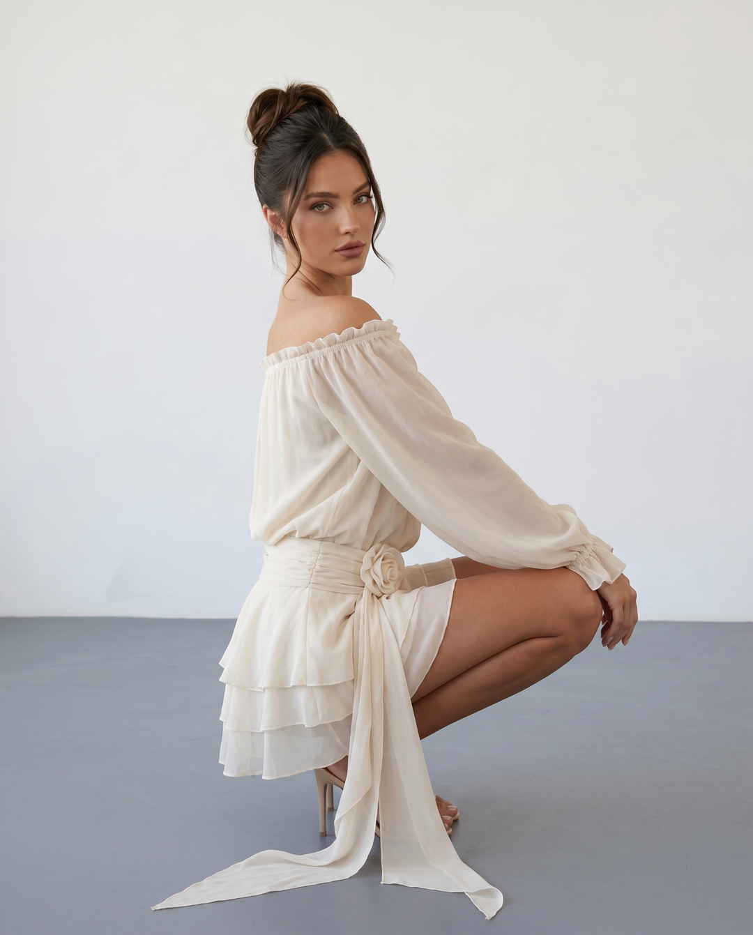 SOLACEBeige Off-Shoulder Balloon Sleeve Ruffled with Floral Sash Mini Dress