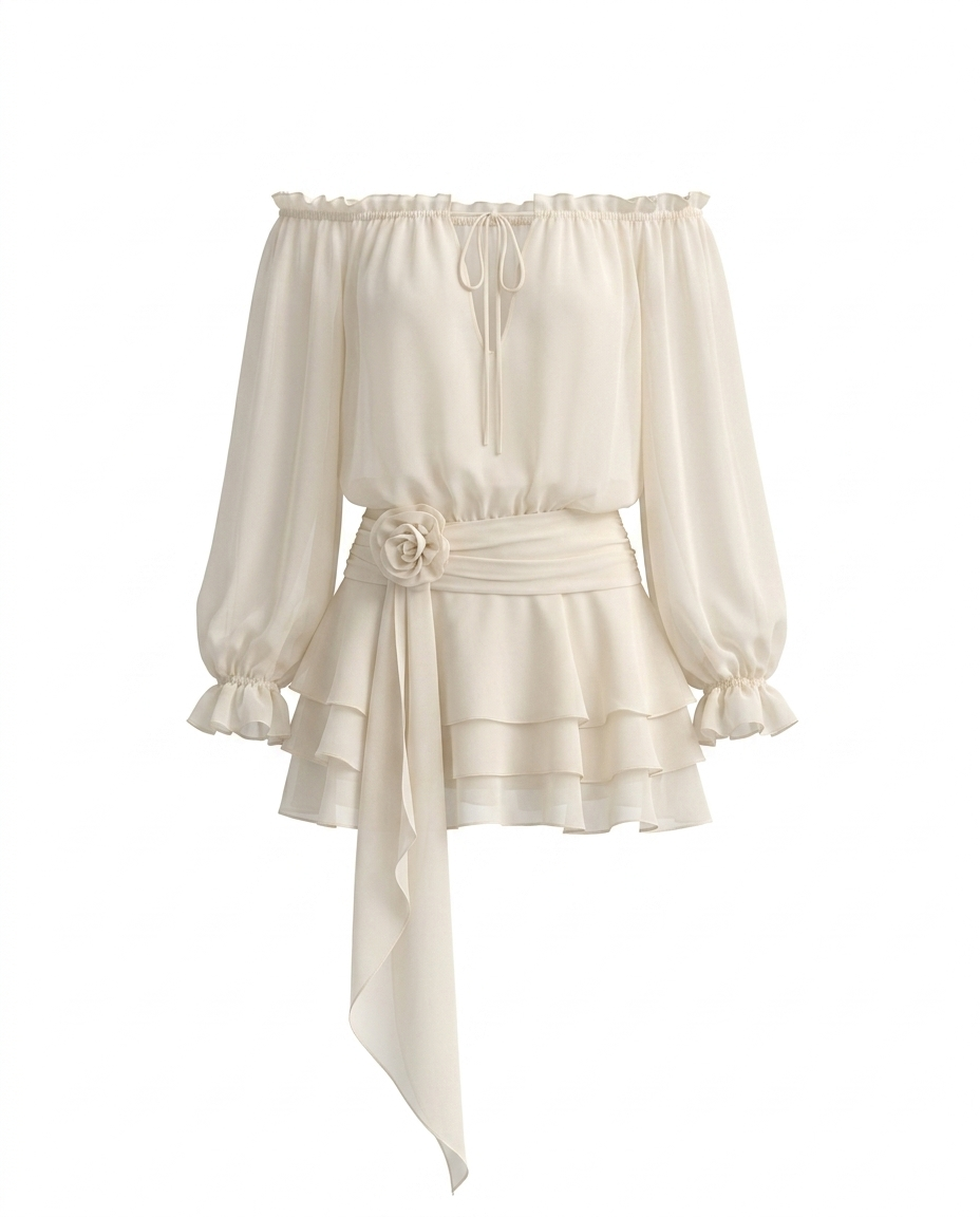 SOLACEBeige Off-Shoulder Balloon Sleeve Ruffled with Floral Sash Mini Dress