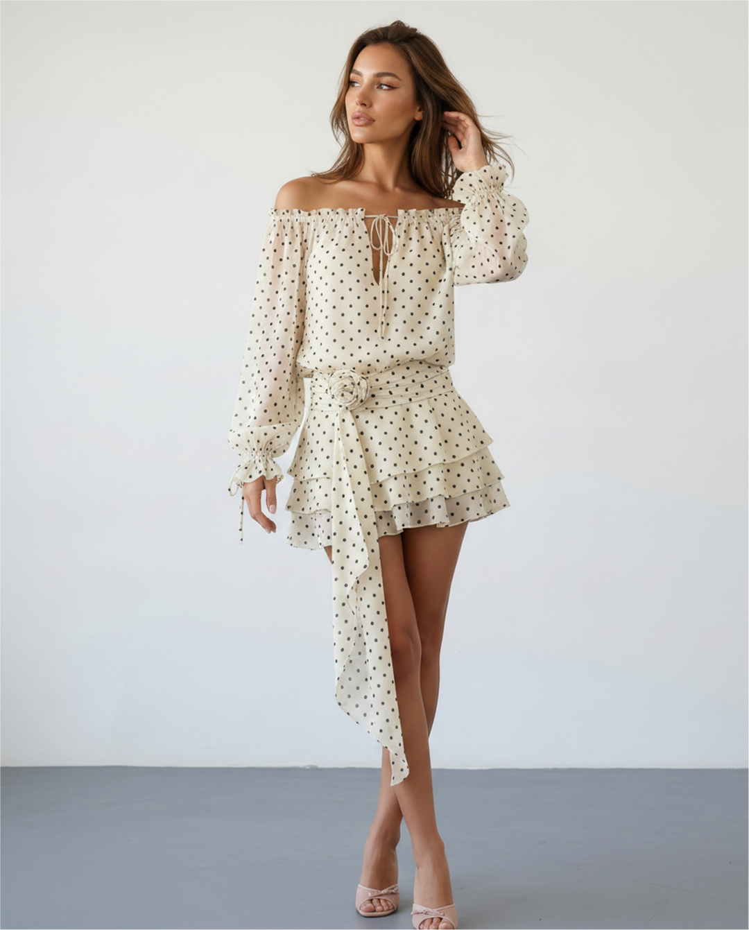 SOLACEBeige Off Shoulder Chiffon Polka Dot Relaxed Fit Mini Dress