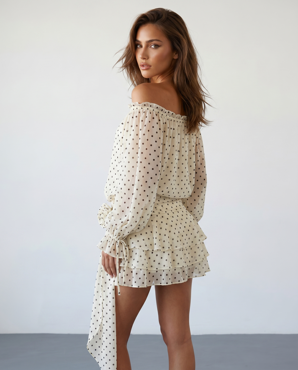SOLACEBeige Off Shoulder Chiffon Polka Dot Relaxed Fit Mini Dress
