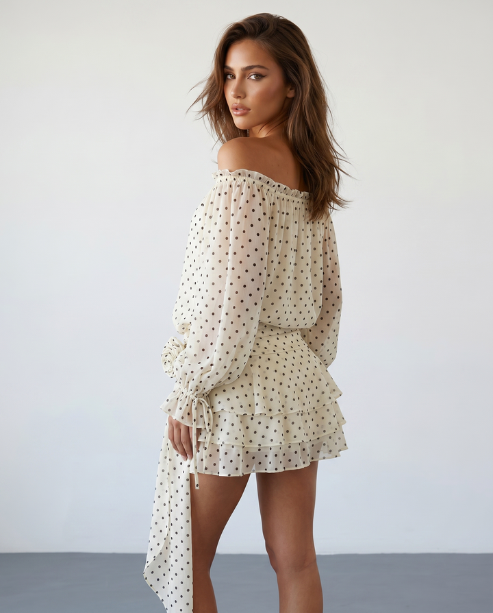 SOLACEBeige Off Shoulder Chiffon Polka Dot Relaxed Fit Mini Dress