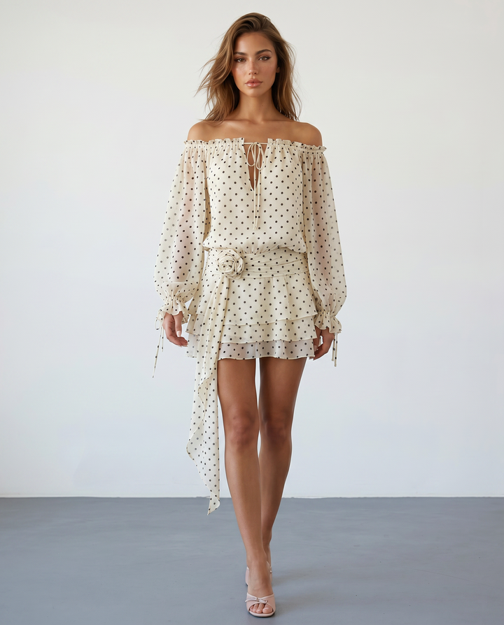SOLACEBeige Off Shoulder Chiffon Polka Dot Relaxed Fit Mini Dress