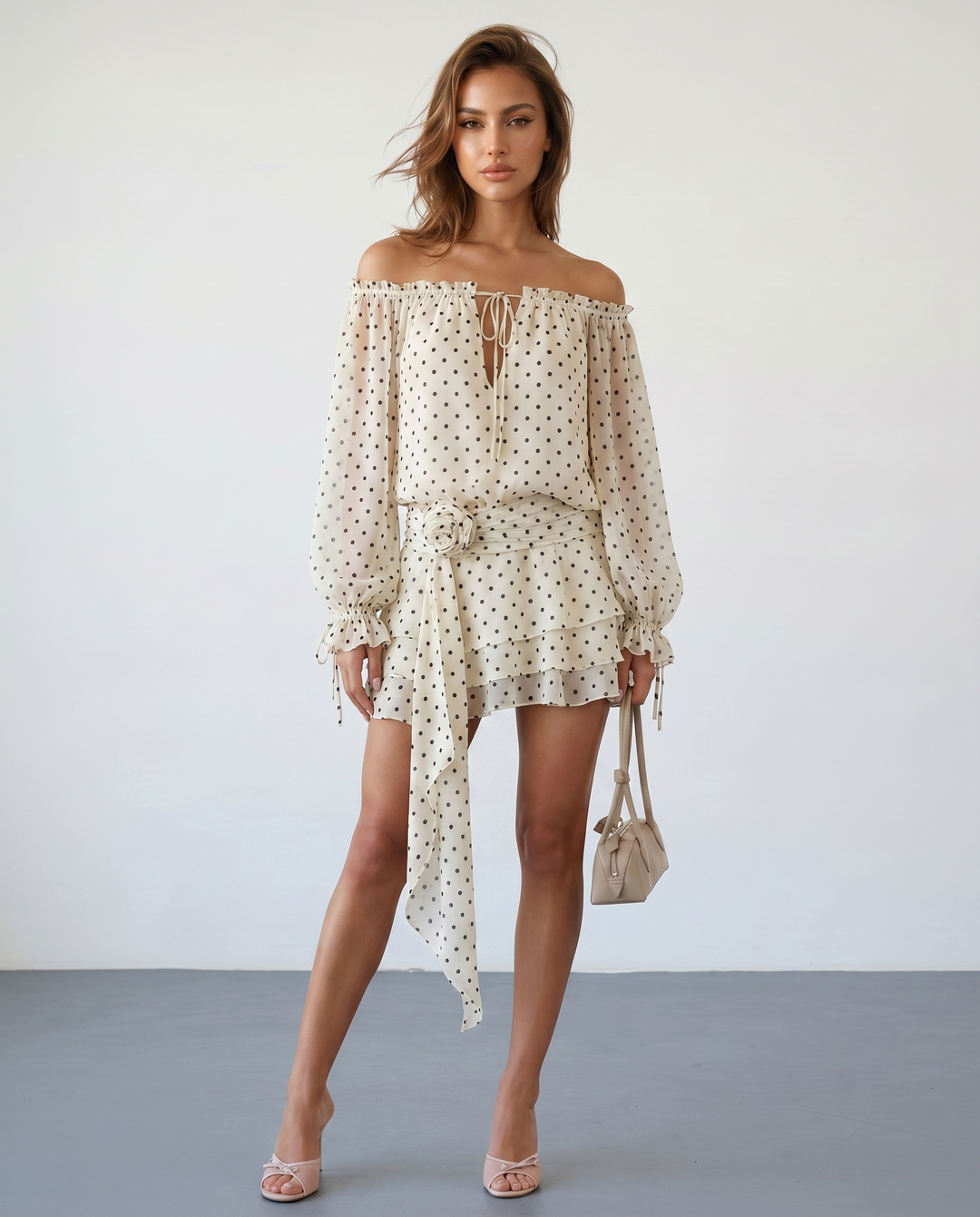 SOLACEBeige Off Shoulder Chiffon Polka Dot Relaxed Fit Mini Dress