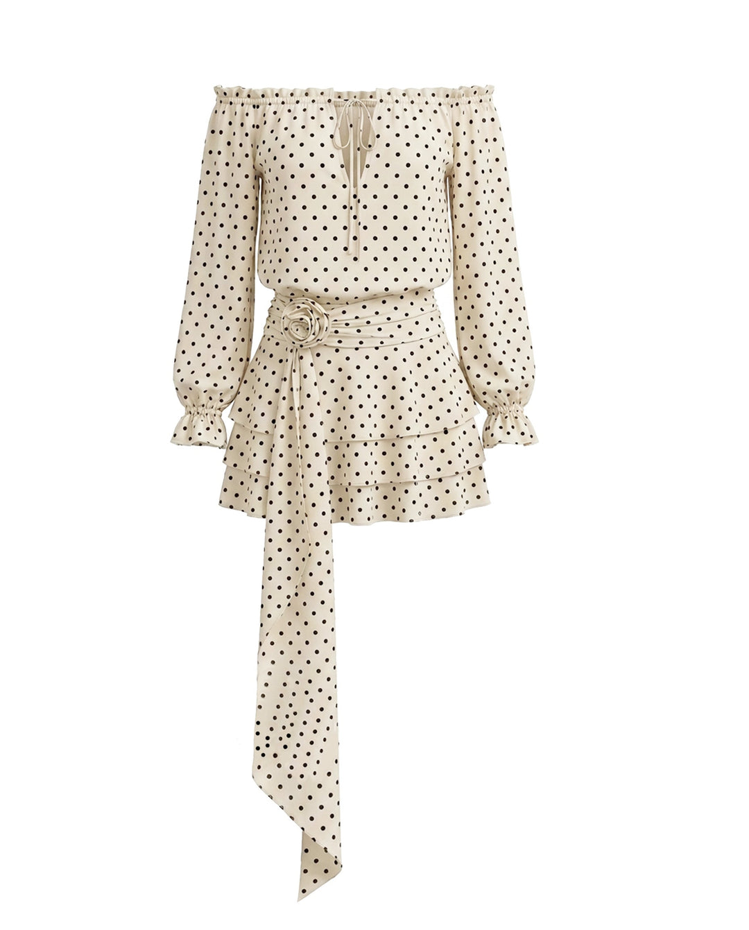 SOLACEBeige Off Shoulder Chiffon Polka Dot Relaxed Fit Mini Dress