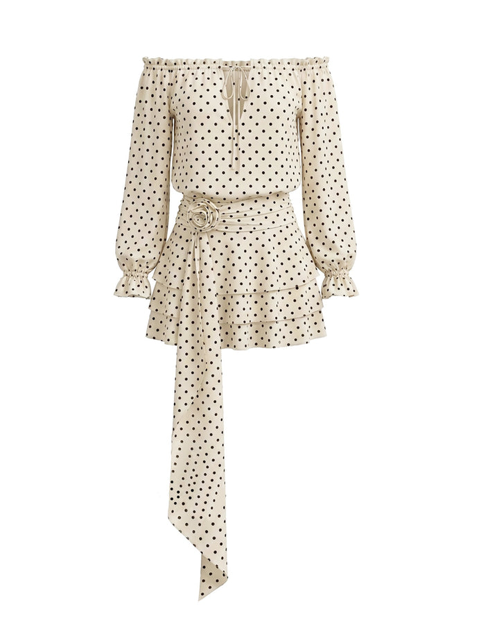 SOLACEBeige Off Shoulder Chiffon Polka Dot Relaxed Fit Mini Dress