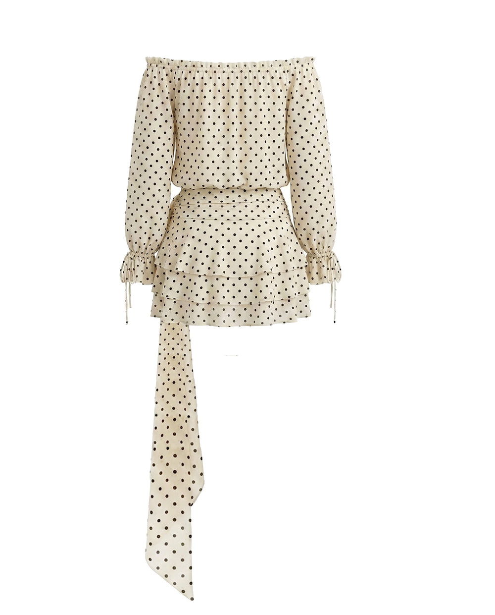 SOLACEBeige Off Shoulder Chiffon Polka Dot Relaxed Fit Mini Dress