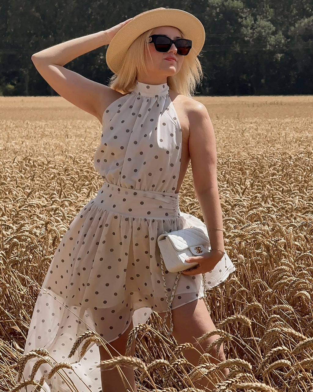SOLACEBeige Polka Dot Halter High Neck Asymmetric Hem Dress
