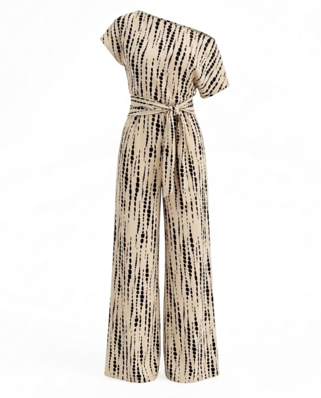 SOLACEBeige Printed One-Shoulder Belted Wide Leg Jumpsuit