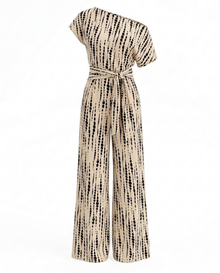SOLACEBeige Printed One-Shoulder Belted Wide Leg Jumpsuit